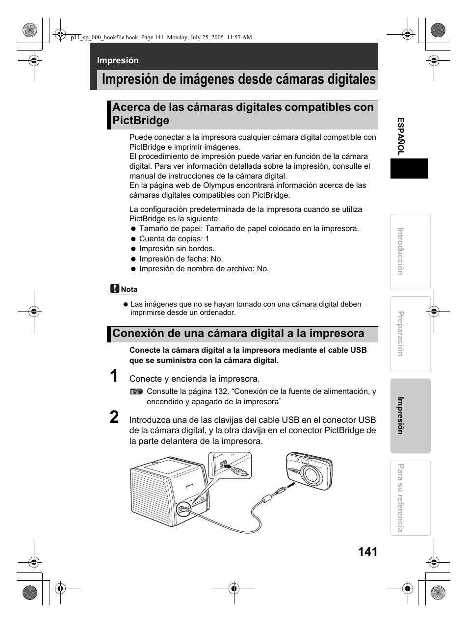 Impresión de imágenes desde cámaras digitales | Olympus P-11 User Manual | Page 141 / 164