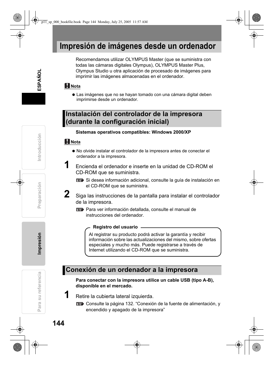 Impresión de imágenes desde un ordenador | Olympus P-11 User Manual | Page 144 / 164