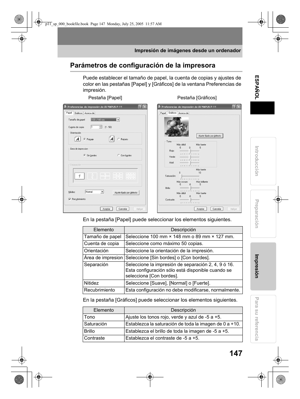 Parámetros de configuración de la impresora | Olympus P-11 User Manual | Page 147 / 164