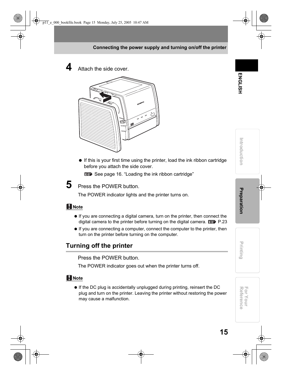 Turning off the printer | Olympus P-11 User Manual | Page 15 / 164