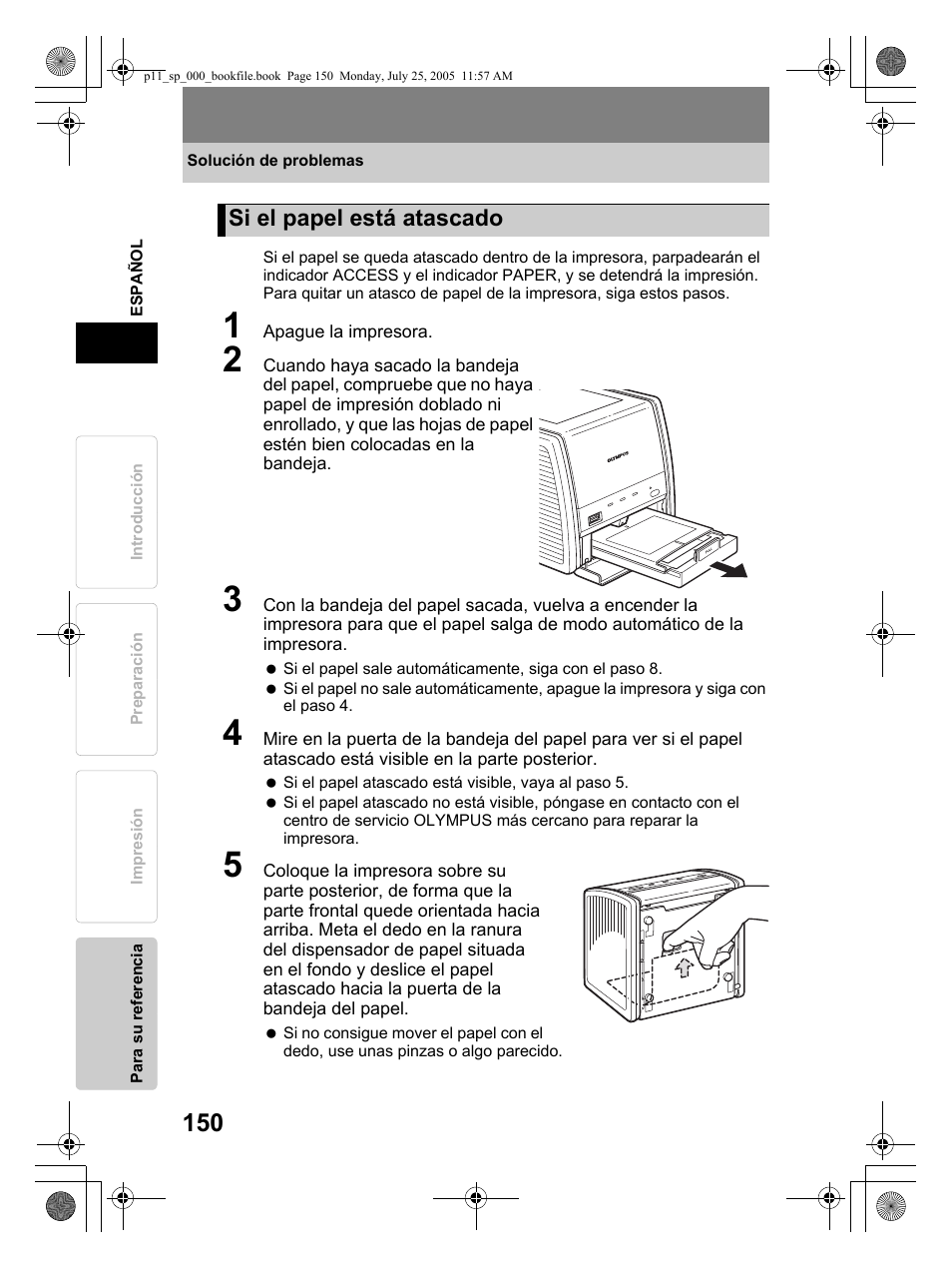 Si el papel está atascado | Olympus P-11 User Manual | Page 150 / 164