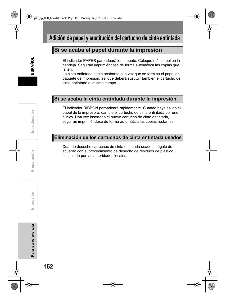 Si se acaba el papel durante la impresión | Olympus P-11 User Manual | Page 152 / 164