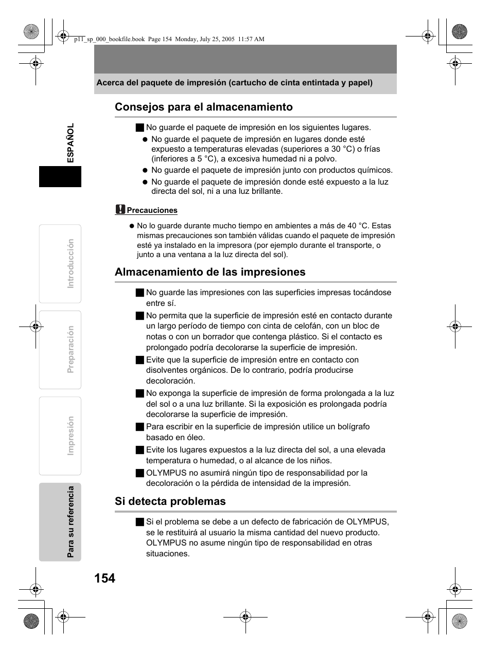 Consejos para el almacenamiento, Almacenamiento de las impresiones, Si detecta problemas | Olympus P-11 User Manual | Page 154 / 164