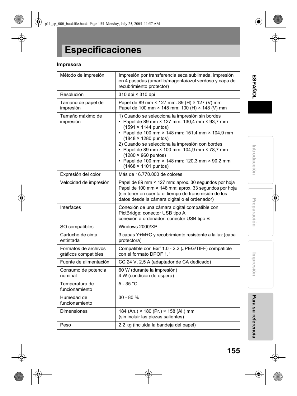 Especificaciones | Olympus P-11 User Manual | Page 155 / 164