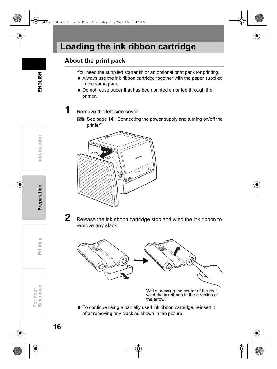 Loading the ink ribbon cartridge | Olympus P-11 User Manual | Page 16 / 164