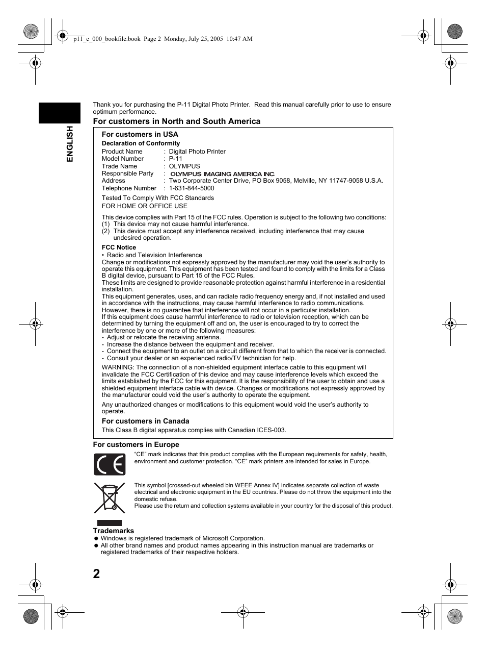 English, For customers in north and south america | Olympus P-11 User Manual | Page 2 / 164