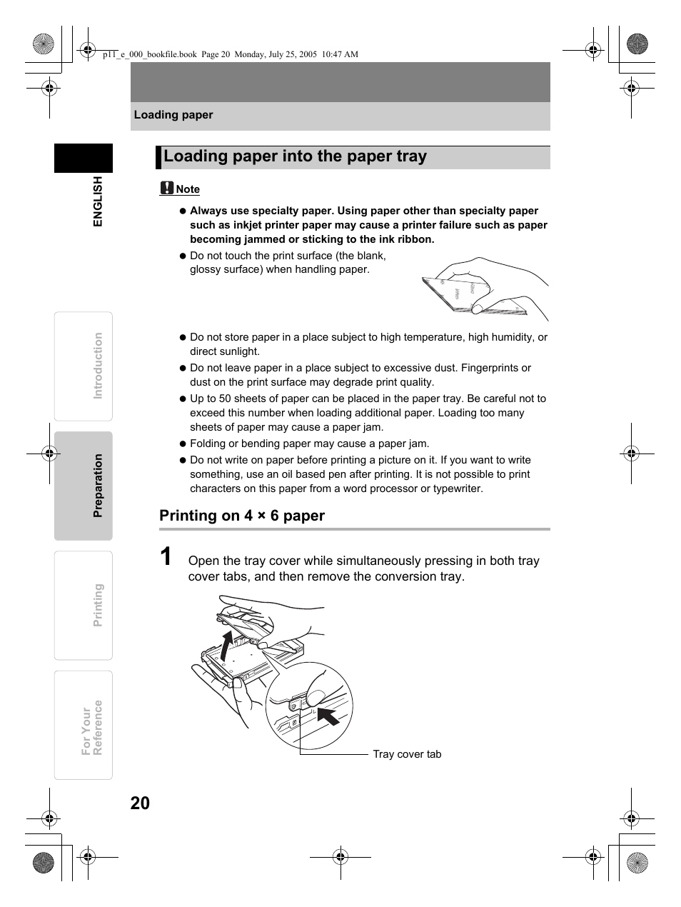 Loading paper into the paper tray, Printing on 4 × 6 paper | Olympus P-11 User Manual | Page 20 / 164