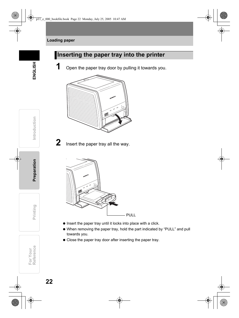 Inserting the paper tray into the printer | Olympus P-11 User Manual | Page 22 / 164