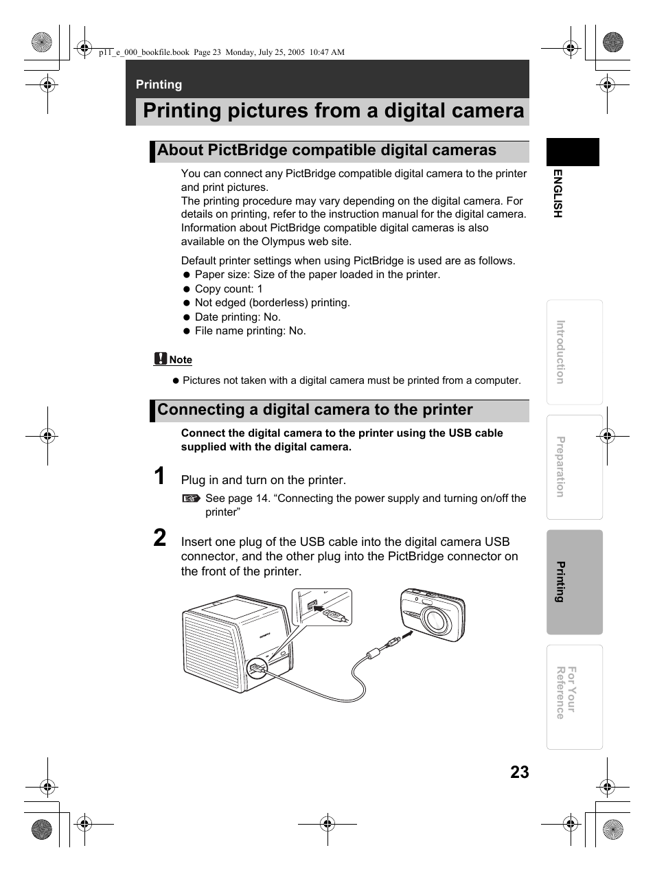Printing pictures from a digital camera | Olympus P-11 User Manual | Page 23 / 164