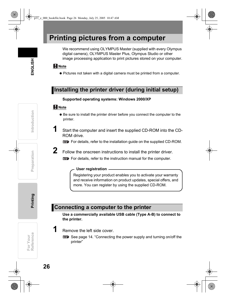 Printing pictures from a computer | Olympus P-11 User Manual | Page 26 / 164