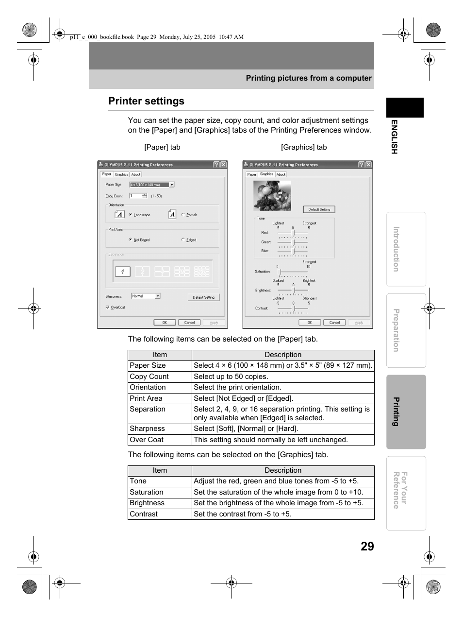 Printer settings | Olympus P-11 User Manual | Page 29 / 164