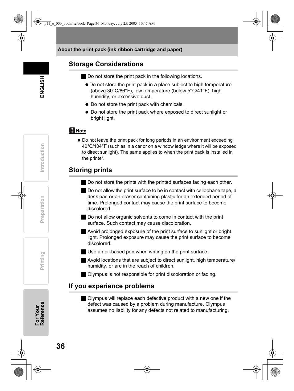 Storage considerations, Storing prints, If you experience problems | Olympus P-11 User Manual | Page 36 / 164
