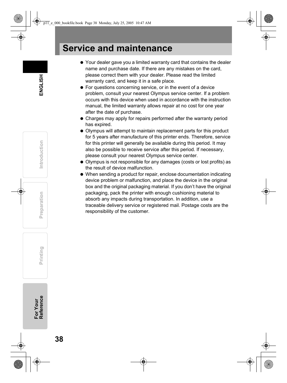 Service and maintenance | Olympus P-11 User Manual | Page 38 / 164
