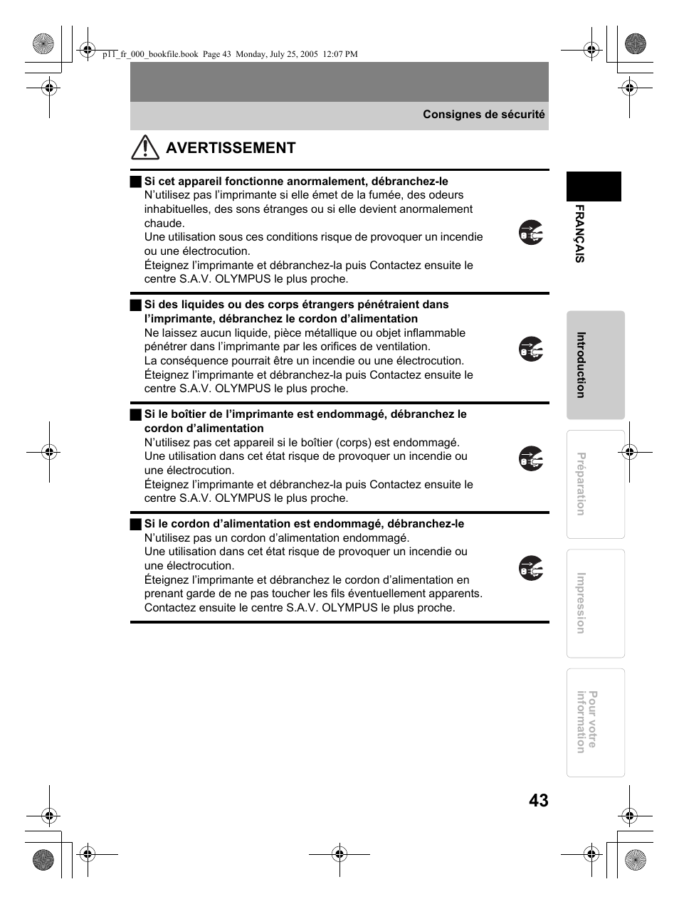 Avertissement | Olympus P-11 User Manual | Page 43 / 164