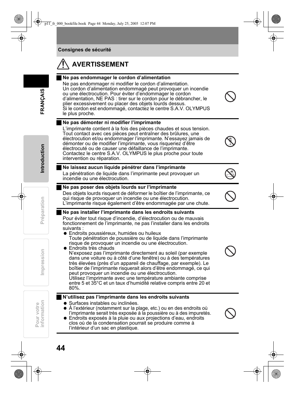Avertissement | Olympus P-11 User Manual | Page 44 / 164