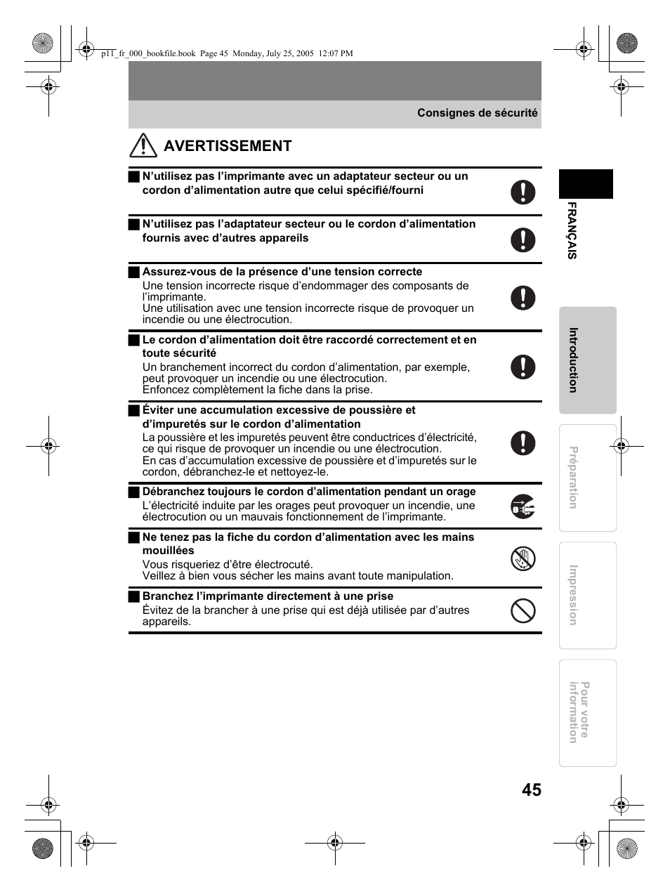 Avertissement | Olympus P-11 User Manual | Page 45 / 164