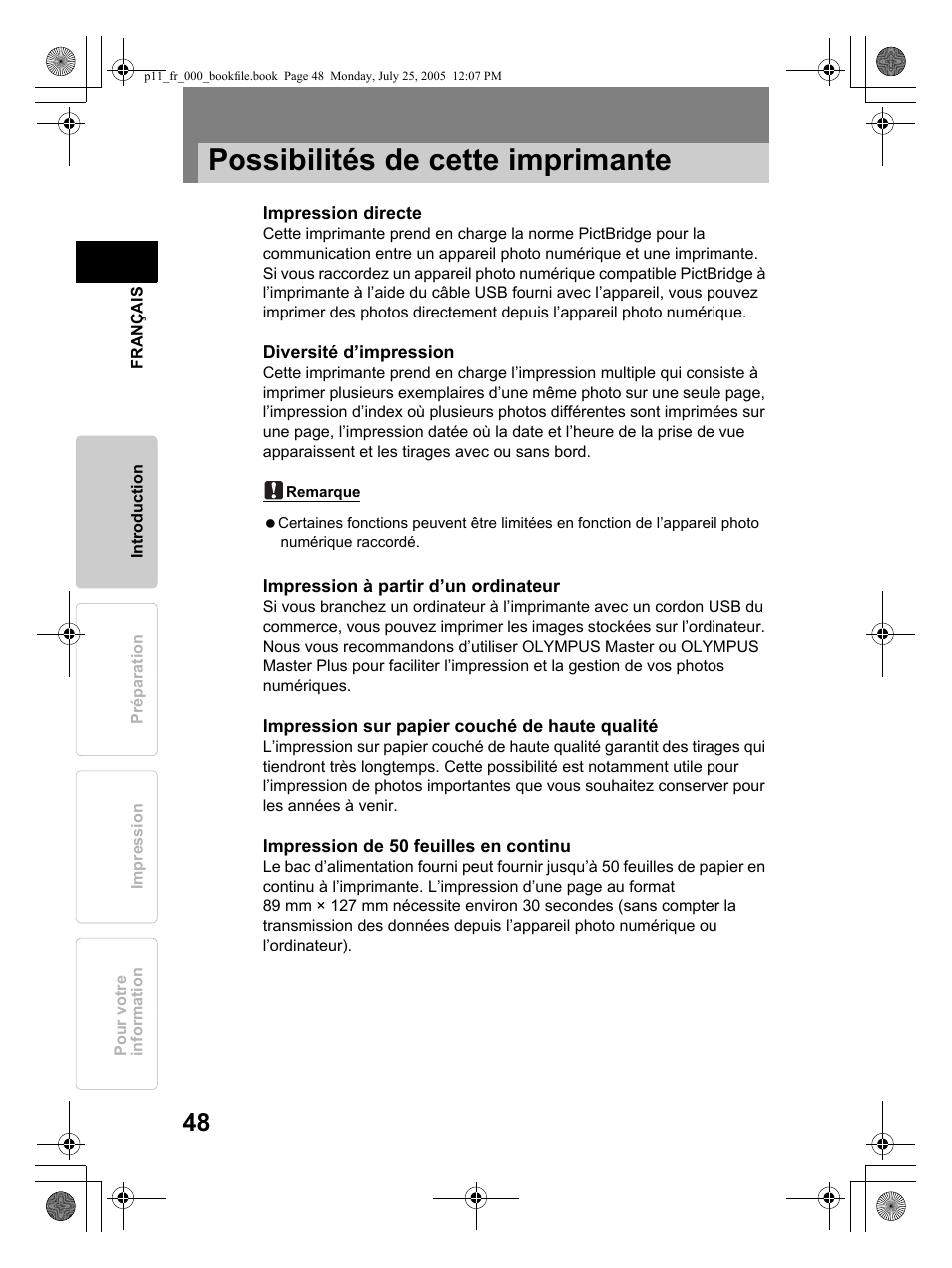 Possibilités de cette imprimante | Olympus P-11 User Manual | Page 48 / 164