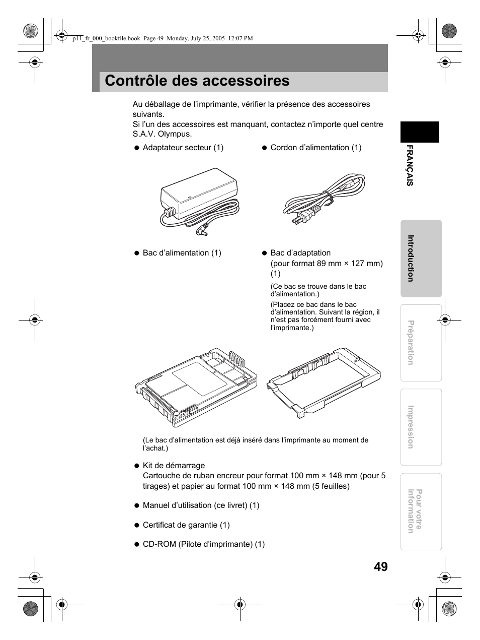 Contrôle des accessoires | Olympus P-11 User Manual | Page 49 / 164