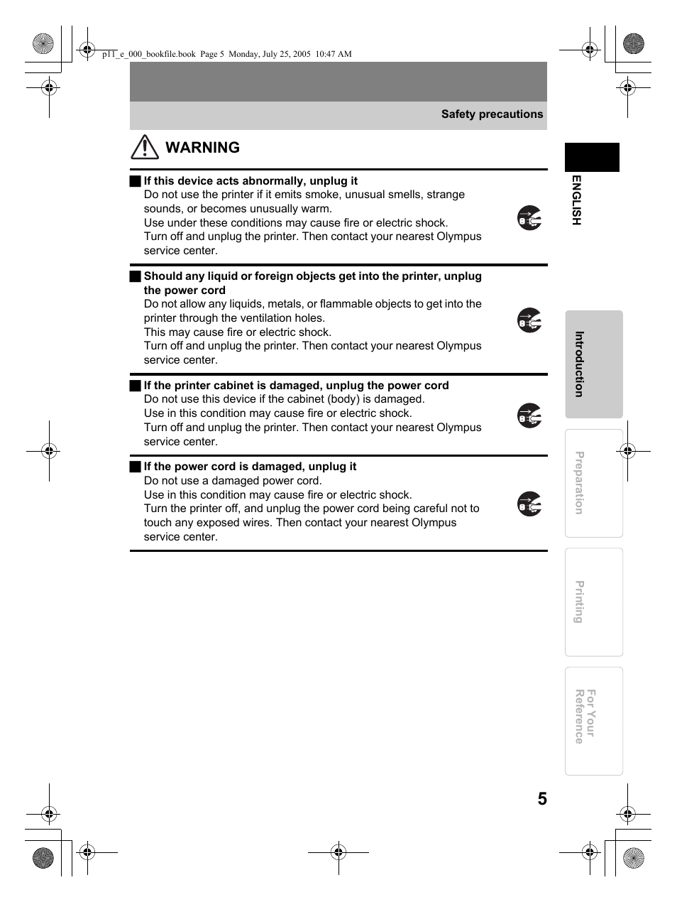 Warning | Olympus P-11 User Manual | Page 5 / 164