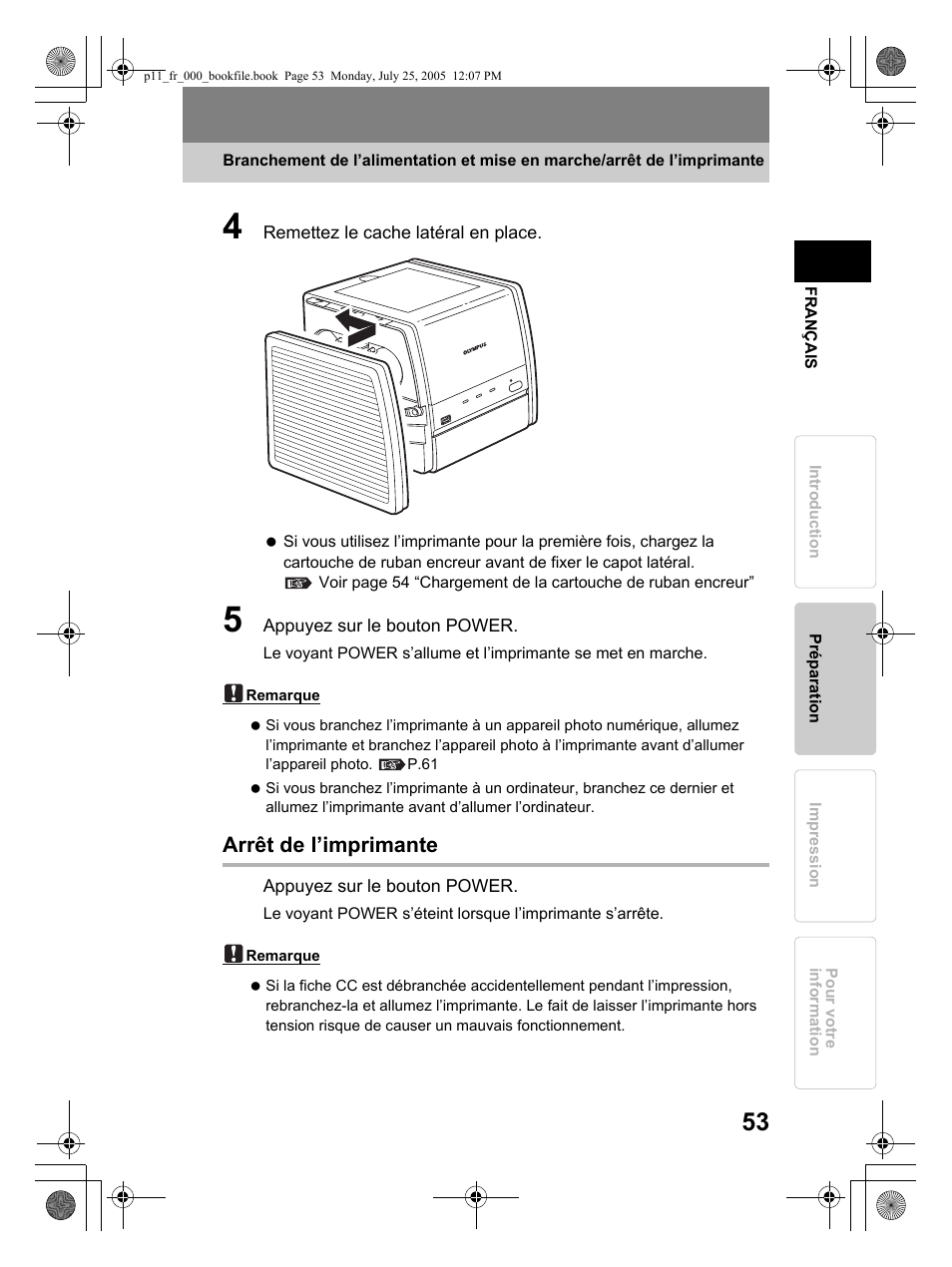 Arrêt de l’imprimante | Olympus P-11 User Manual | Page 53 / 164