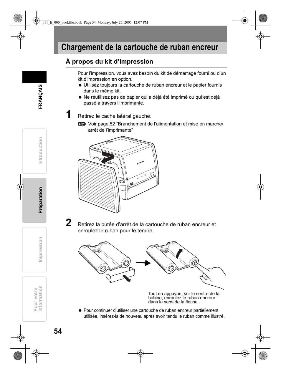 Chargement de la cartouche de ruban encreur | Olympus P-11 User Manual | Page 54 / 164