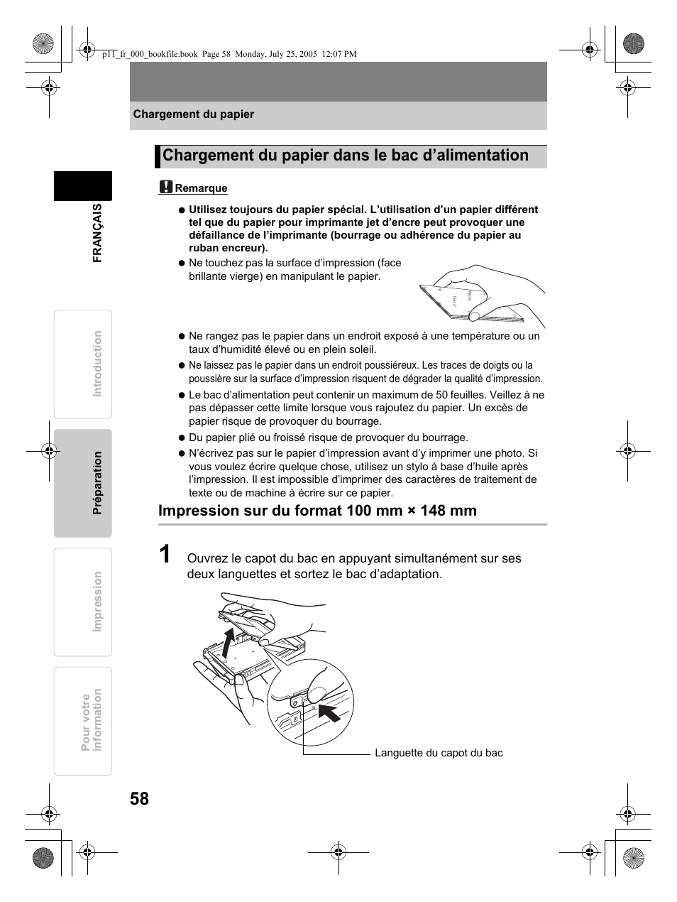 Chargement du papier dans le bac d’alimentation | Olympus P-11 User Manual | Page 58 / 164