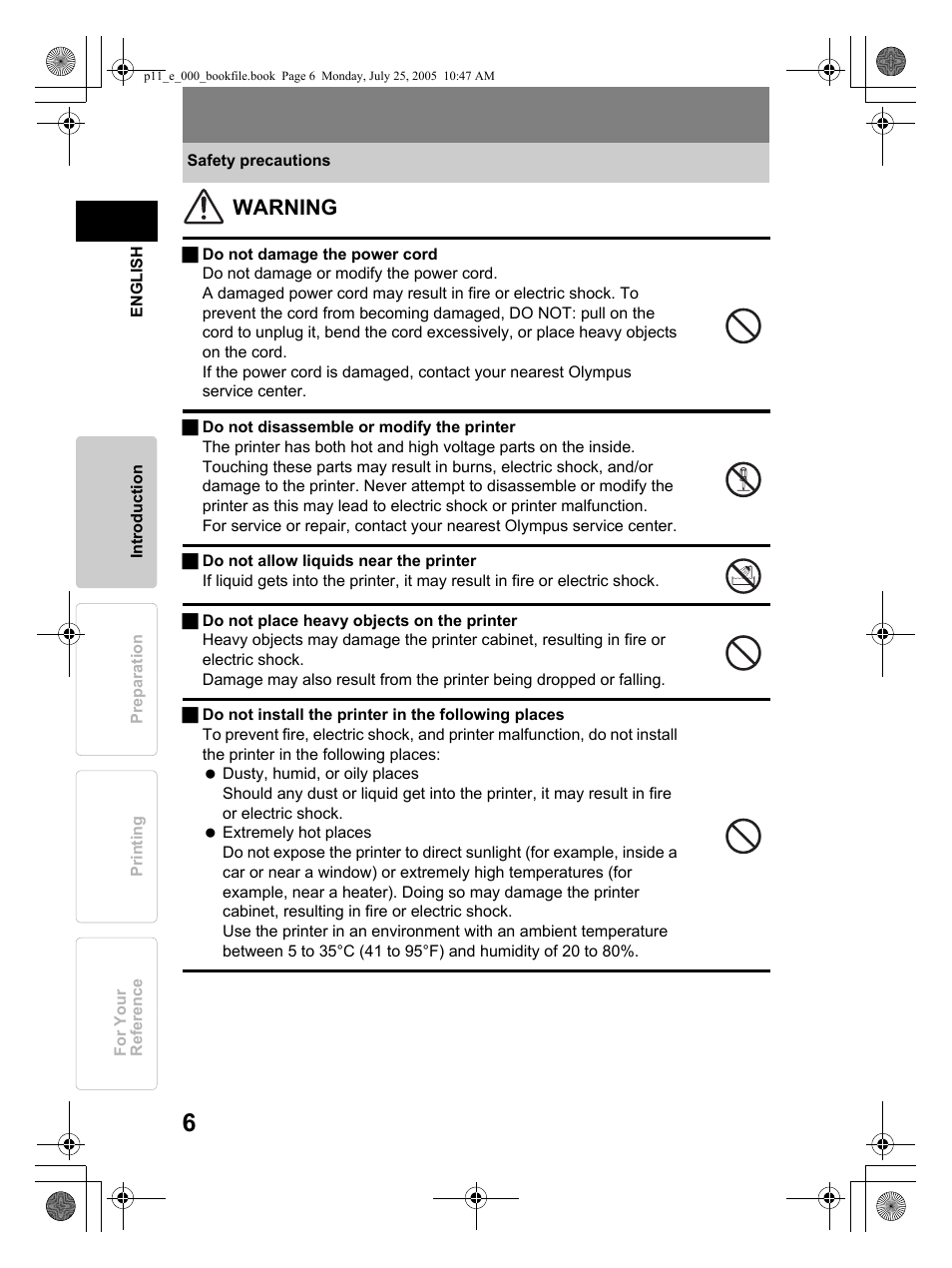 Warning | Olympus P-11 User Manual | Page 6 / 164