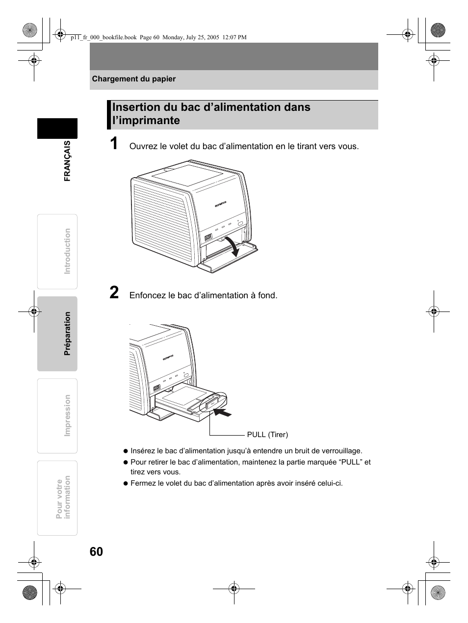 Insertion du bac d’alimentation dans l’imprimante | Olympus P-11 User Manual | Page 60 / 164