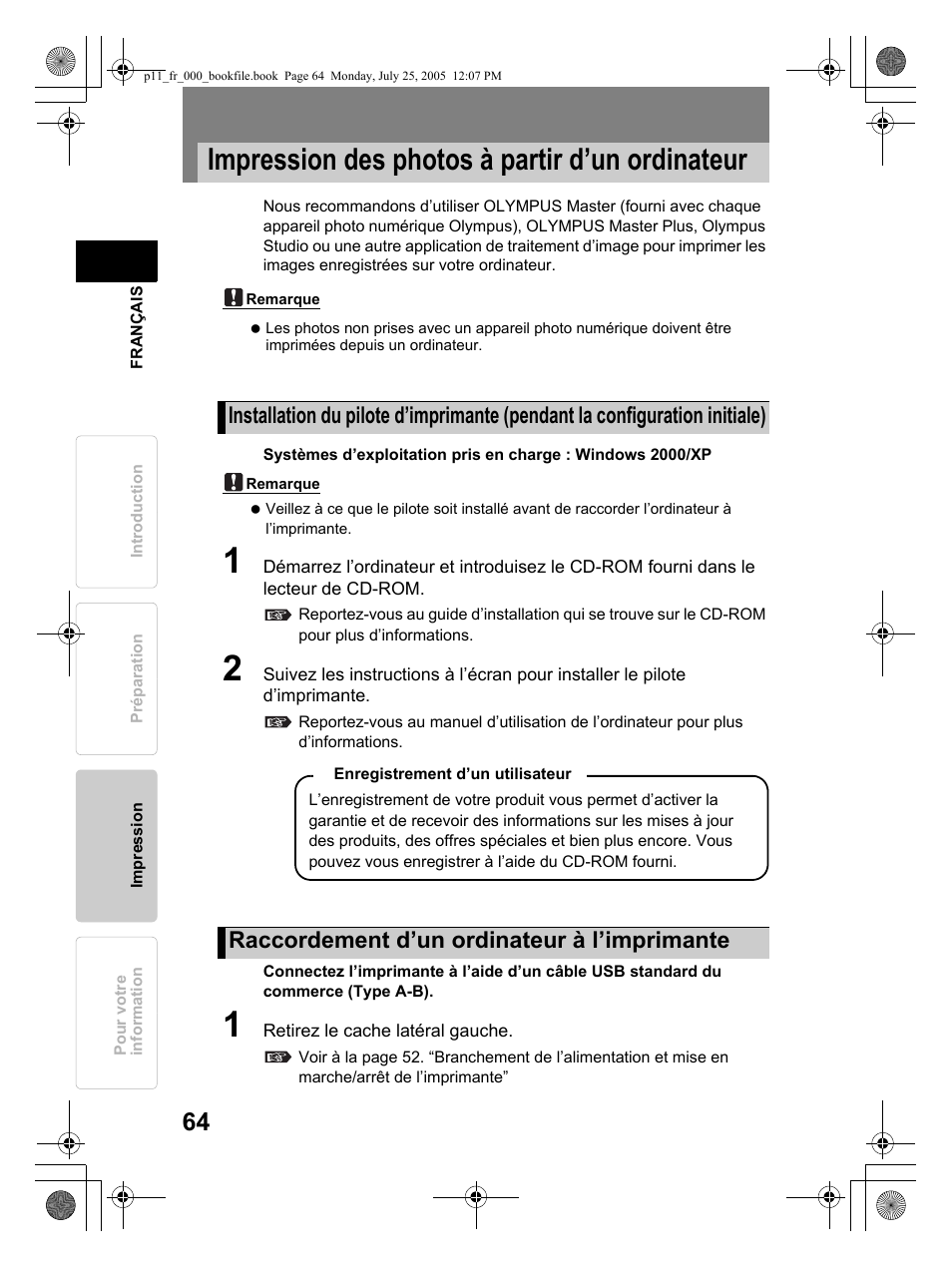 Impression des photos à partir d’un ordinateur | Olympus P-11 User Manual | Page 64 / 164