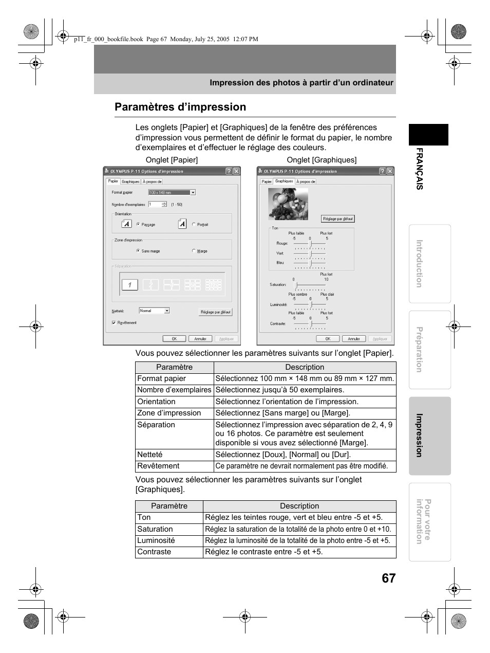 Paramètres d’impression | Olympus P-11 User Manual | Page 67 / 164