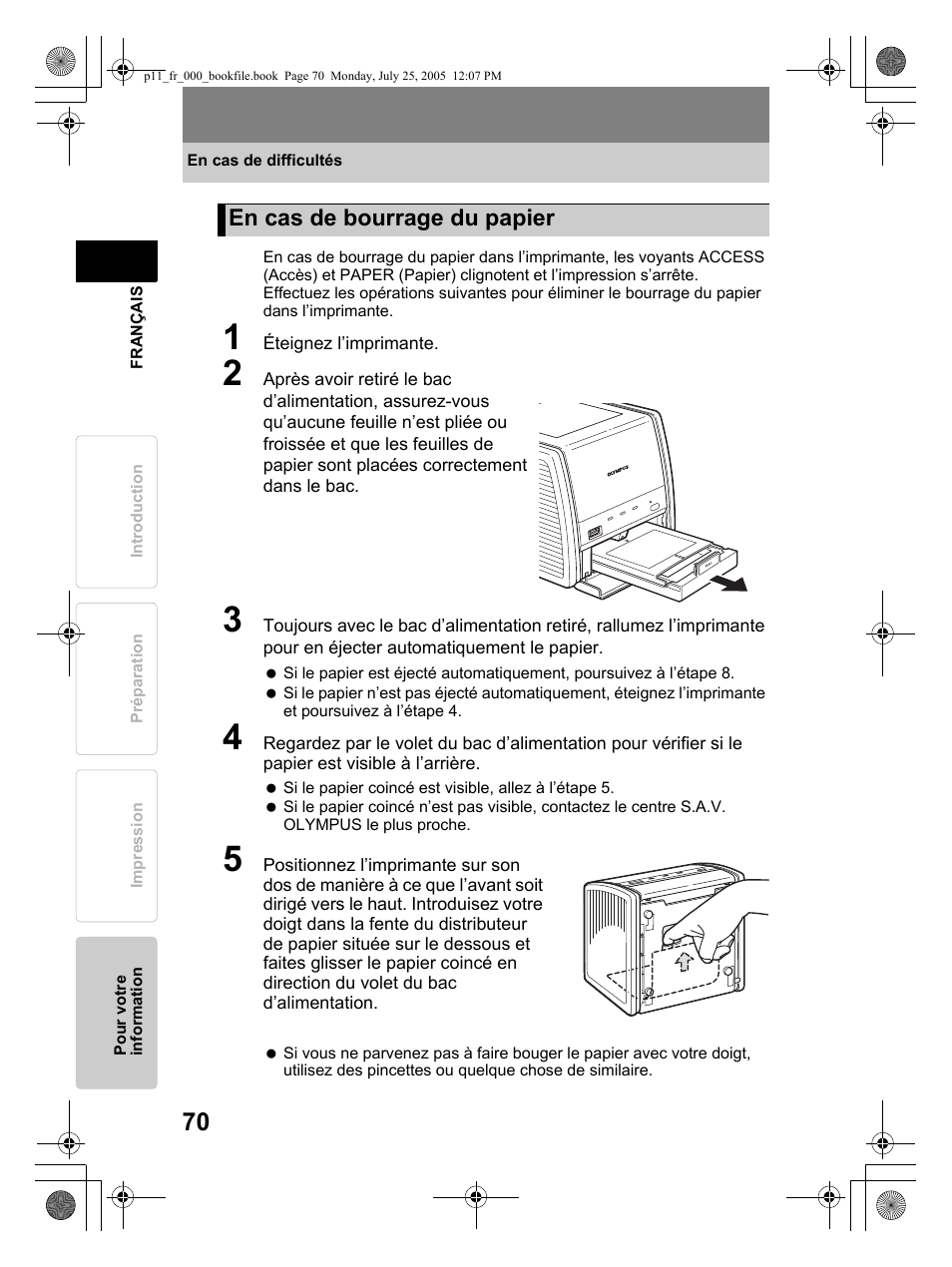 En cas de bourrage du papier | Olympus P-11 User Manual | Page 70 / 164