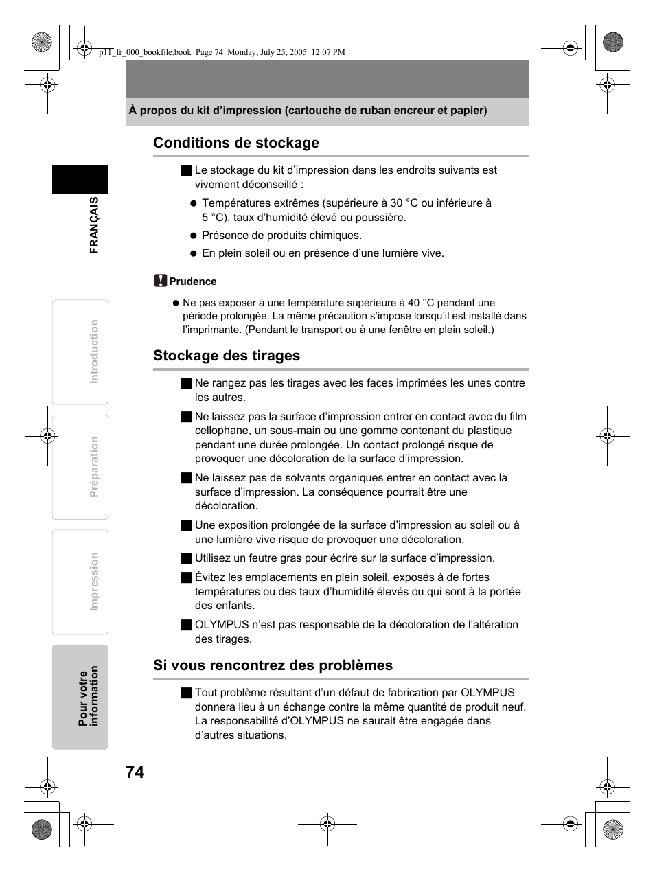 Conditions de stockage, Stockage des tirages, Si vous rencontrez des problèmes | Olympus P-11 User Manual | Page 74 / 164
