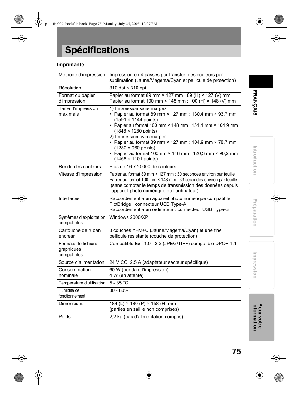 Spécifications | Olympus P-11 User Manual | Page 75 / 164