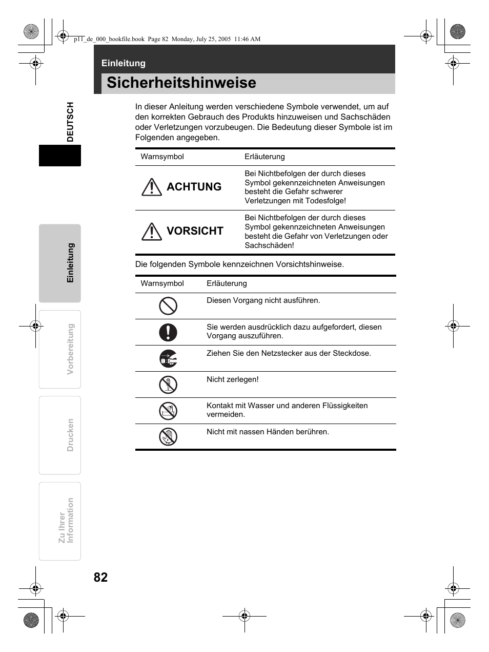 Sicherheitshinweise, Achtung, Vorsicht | Olympus P-11 User Manual | Page 82 / 164