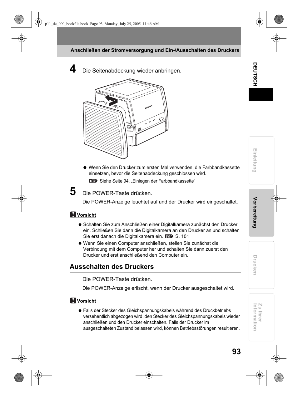 Ausschalten des druckers | Olympus P-11 User Manual | Page 93 / 164