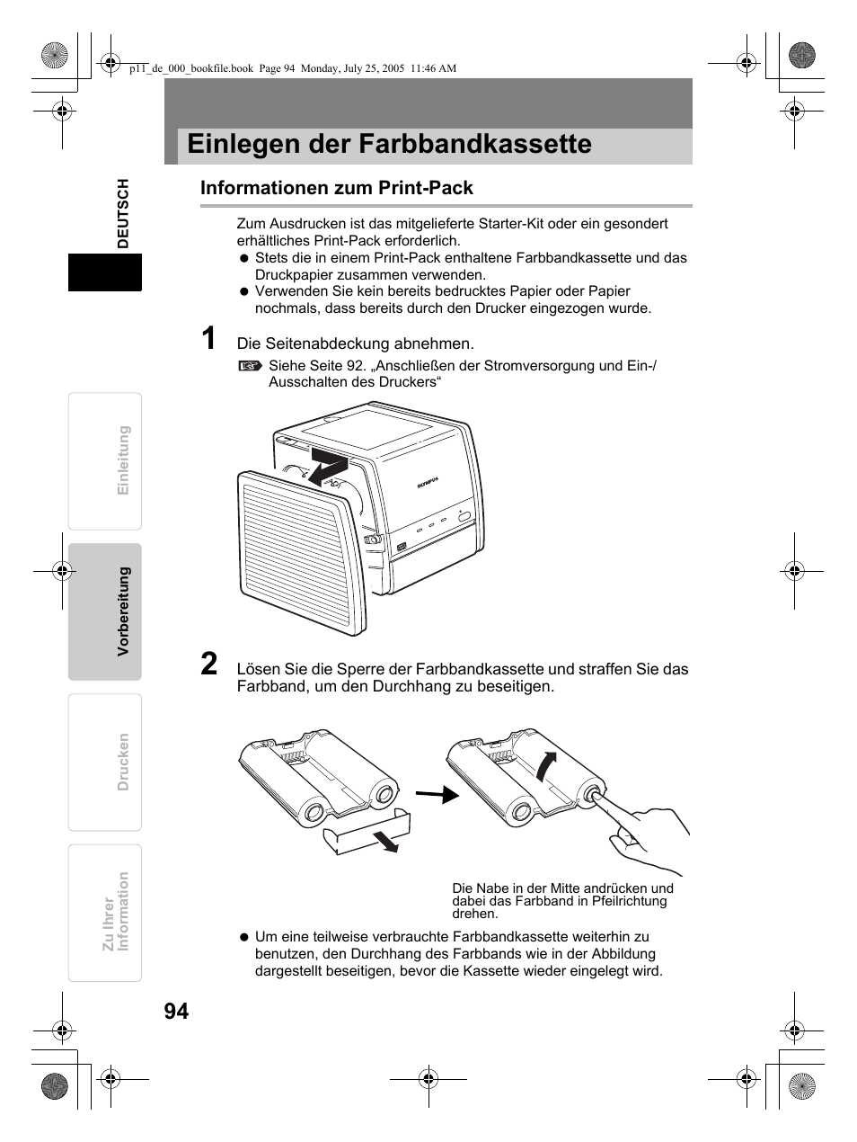 Einlegen der farbbandkassette | Olympus P-11 User Manual | Page 94 / 164