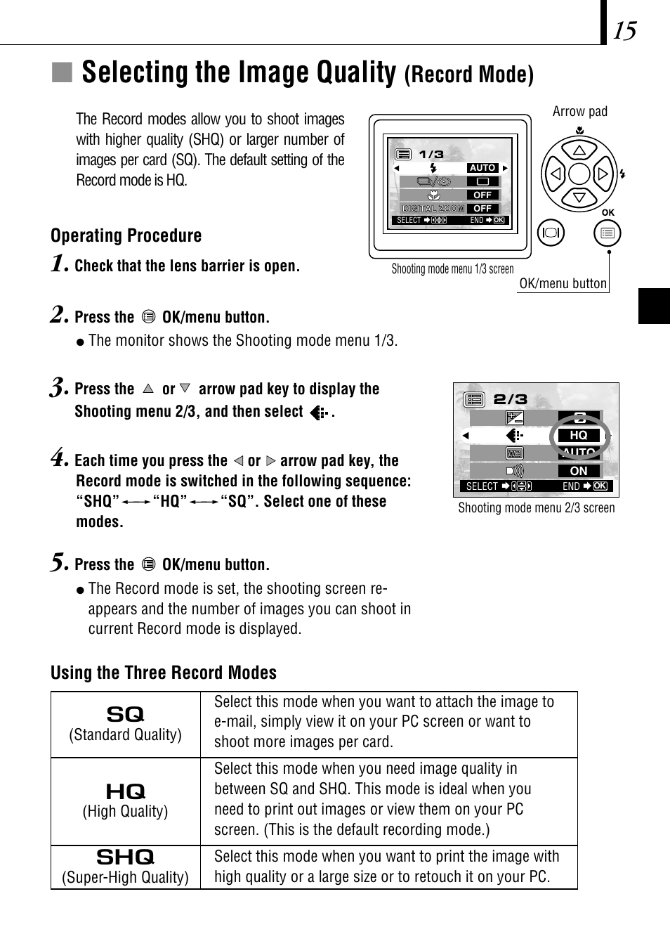 Íselecting the image quality, Record mode) | Olympus C-1 D-150 User Manual | Page 15 / 146