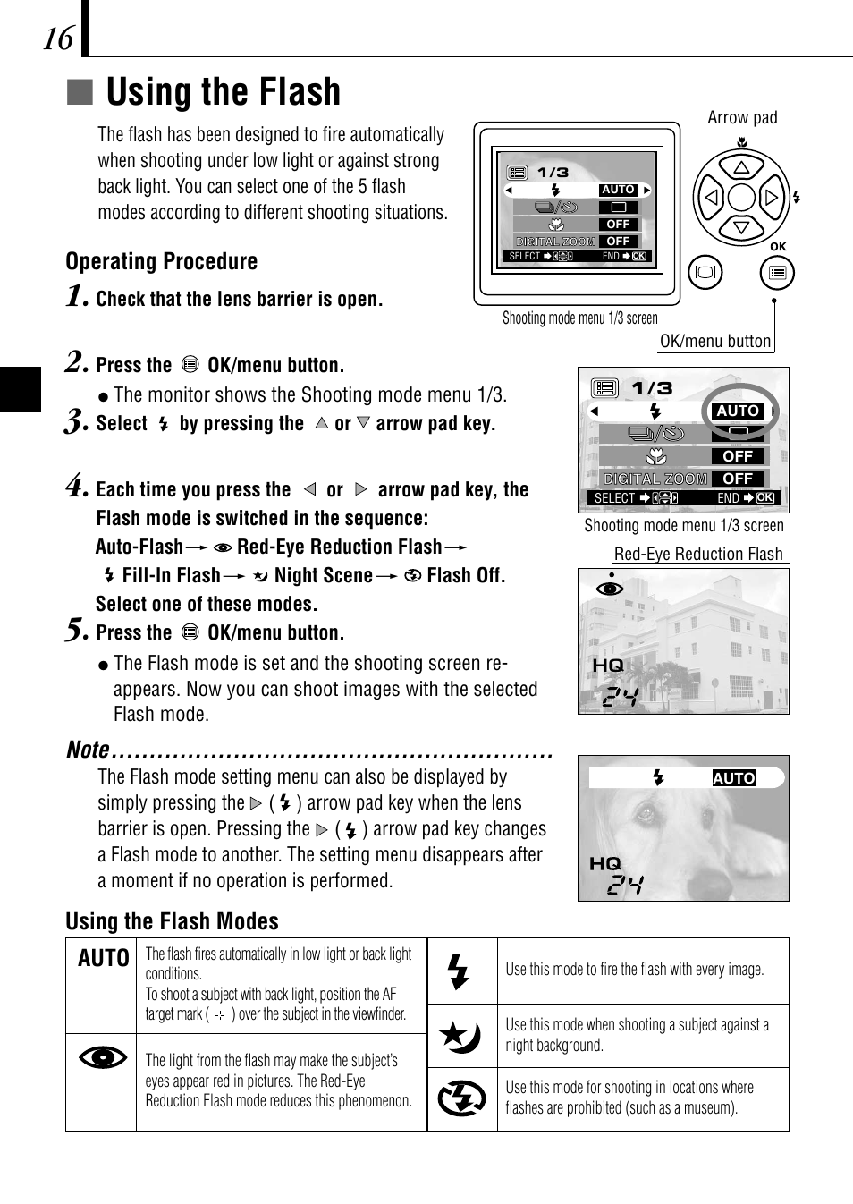 Íusing the flash, Operating procedure, Using the flash modes auto | Olympus C-1 D-150 User Manual | Page 16 / 146