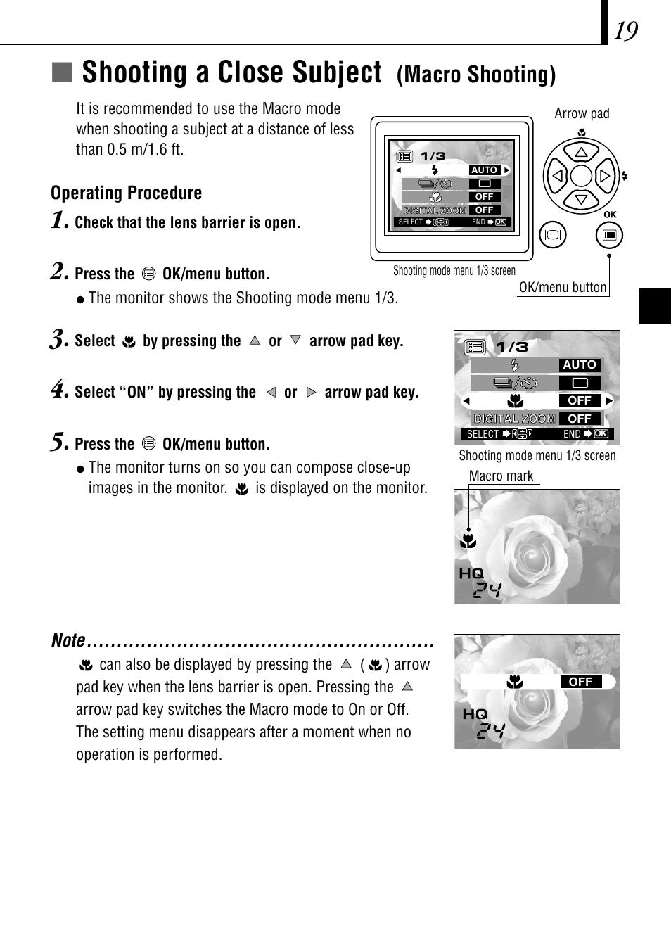 Íshooting a close subject, Macro shooting) | Olympus C-1 D-150 User Manual | Page 19 / 146