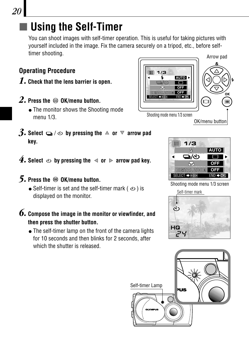 Íusing the self-timer | Olympus C-1 D-150 User Manual | Page 20 / 146