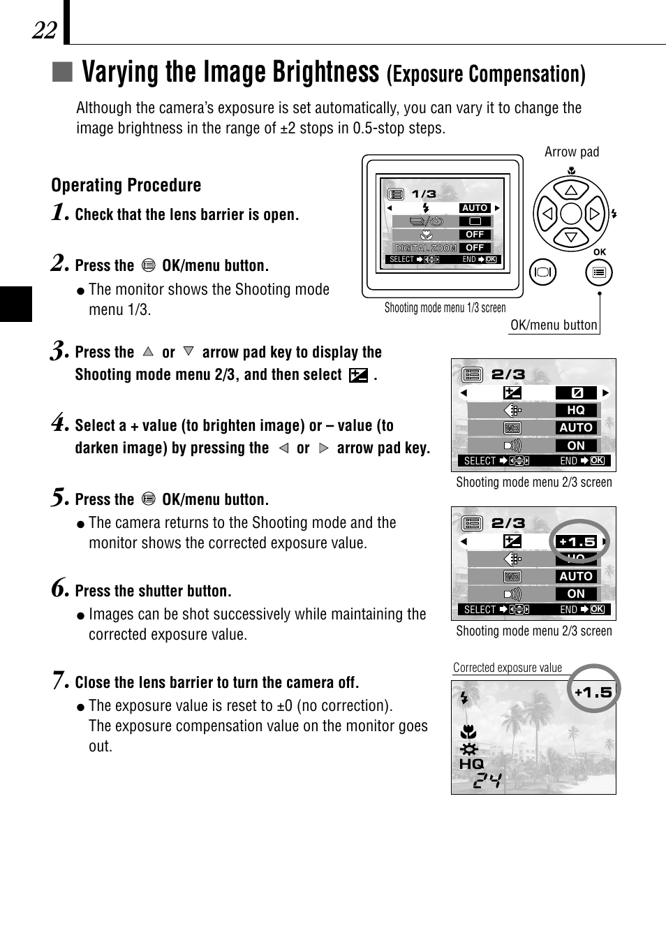 Ívarying the image brightness, Exposure compensation), Operating procedure | Olympus C-1 D-150 User Manual | Page 22 / 146
