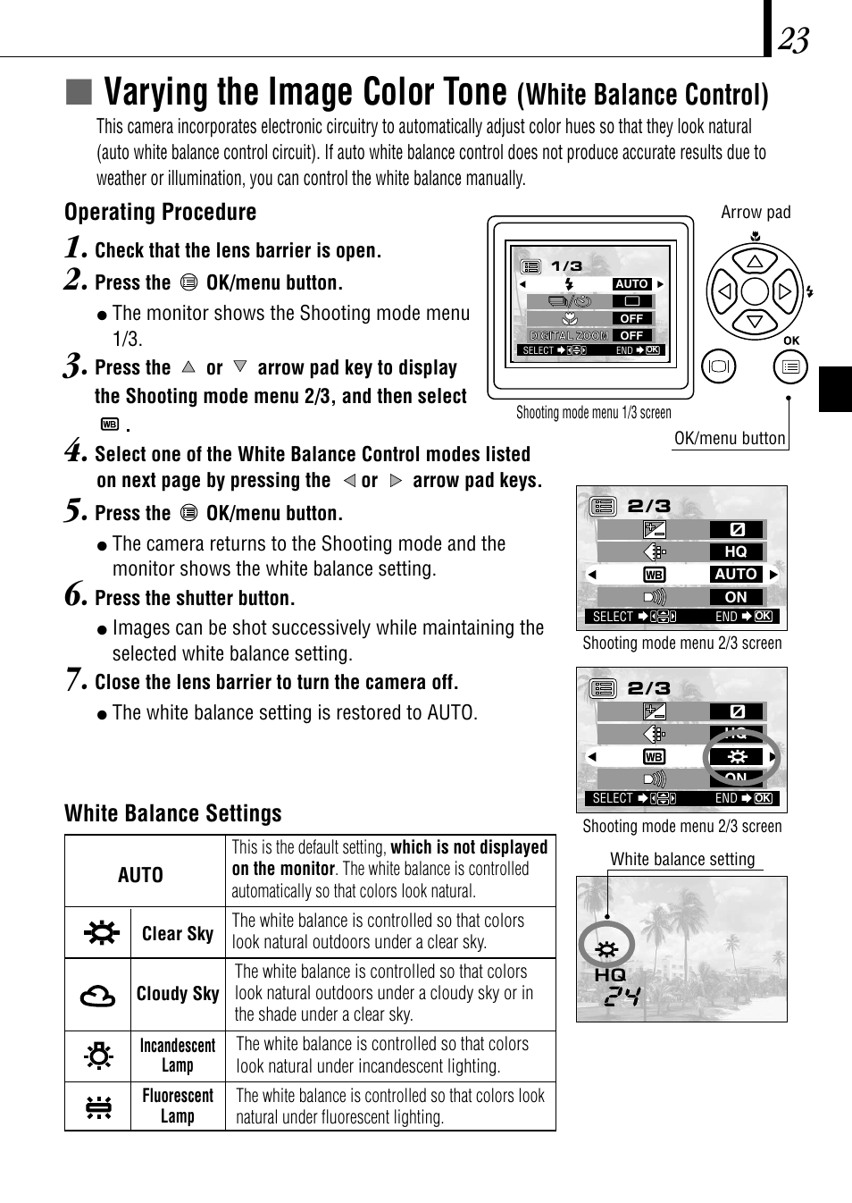 Ívarying the image color tone, White balance control), Operating procedure | White balance settings | Olympus C-1 D-150 User Manual | Page 23 / 146