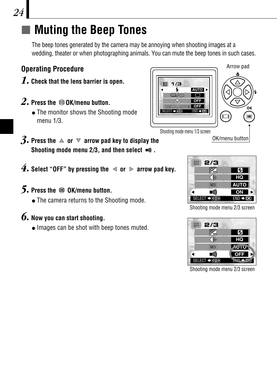 Ímuting the beep tones, Operating procedure | Olympus C-1 D-150 User Manual | Page 24 / 146