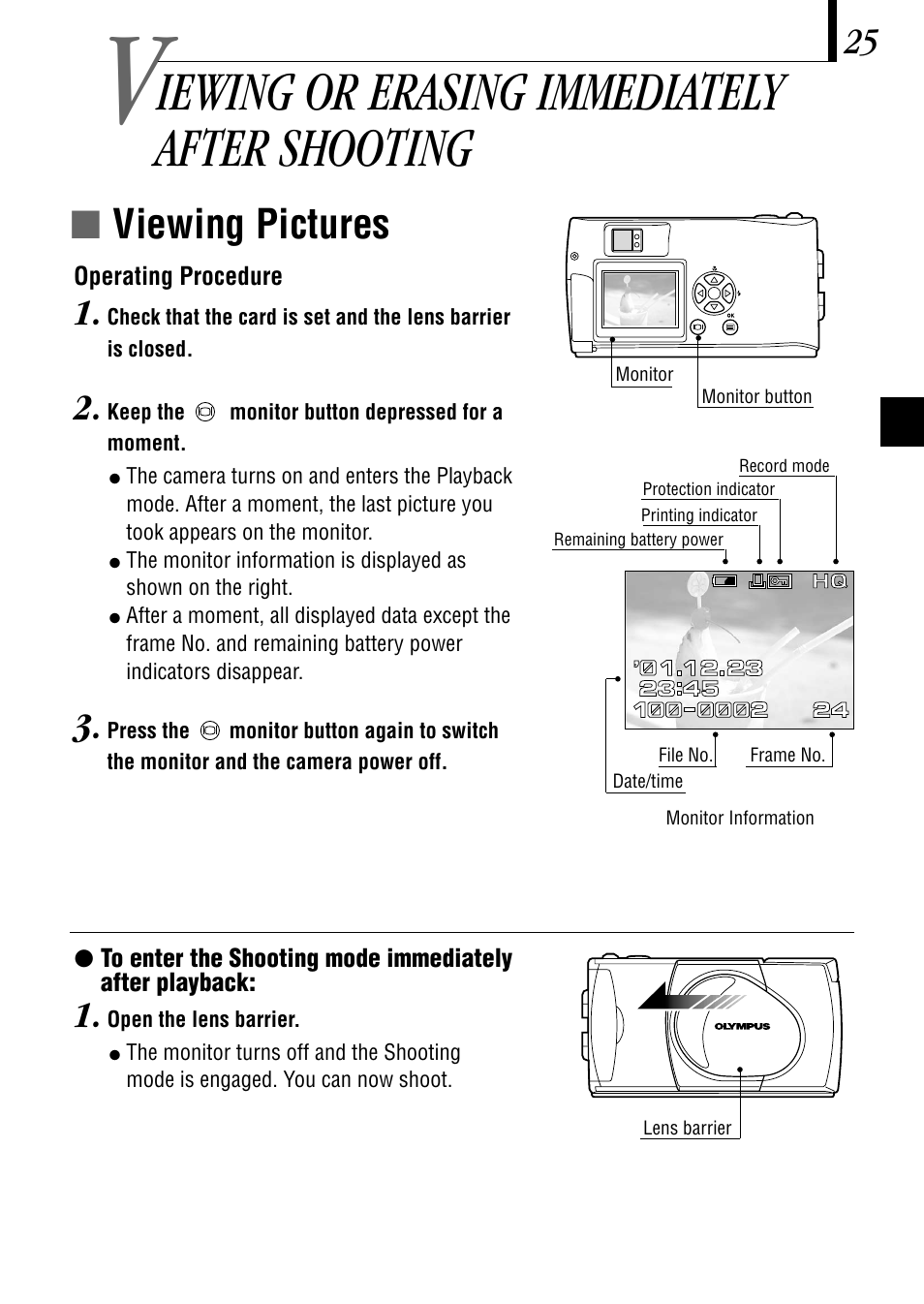 Iewing or erasing immediately after shooting, Íviewing pictures | Olympus C-1 D-150 User Manual | Page 25 / 146