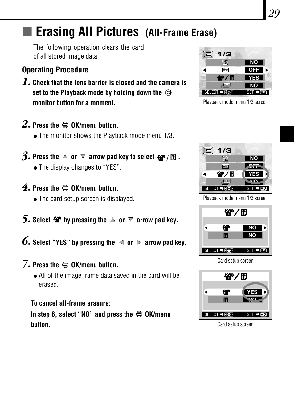 Íerasing all pictures, All-frame erase) | Olympus C-1 D-150 User Manual | Page 29 / 146