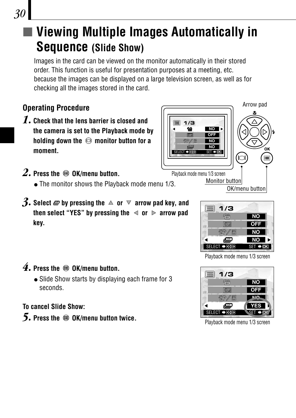 Íviewing multiple images automatically in sequence, Slide show), Operating procedure | Olympus C-1 D-150 User Manual | Page 30 / 146
