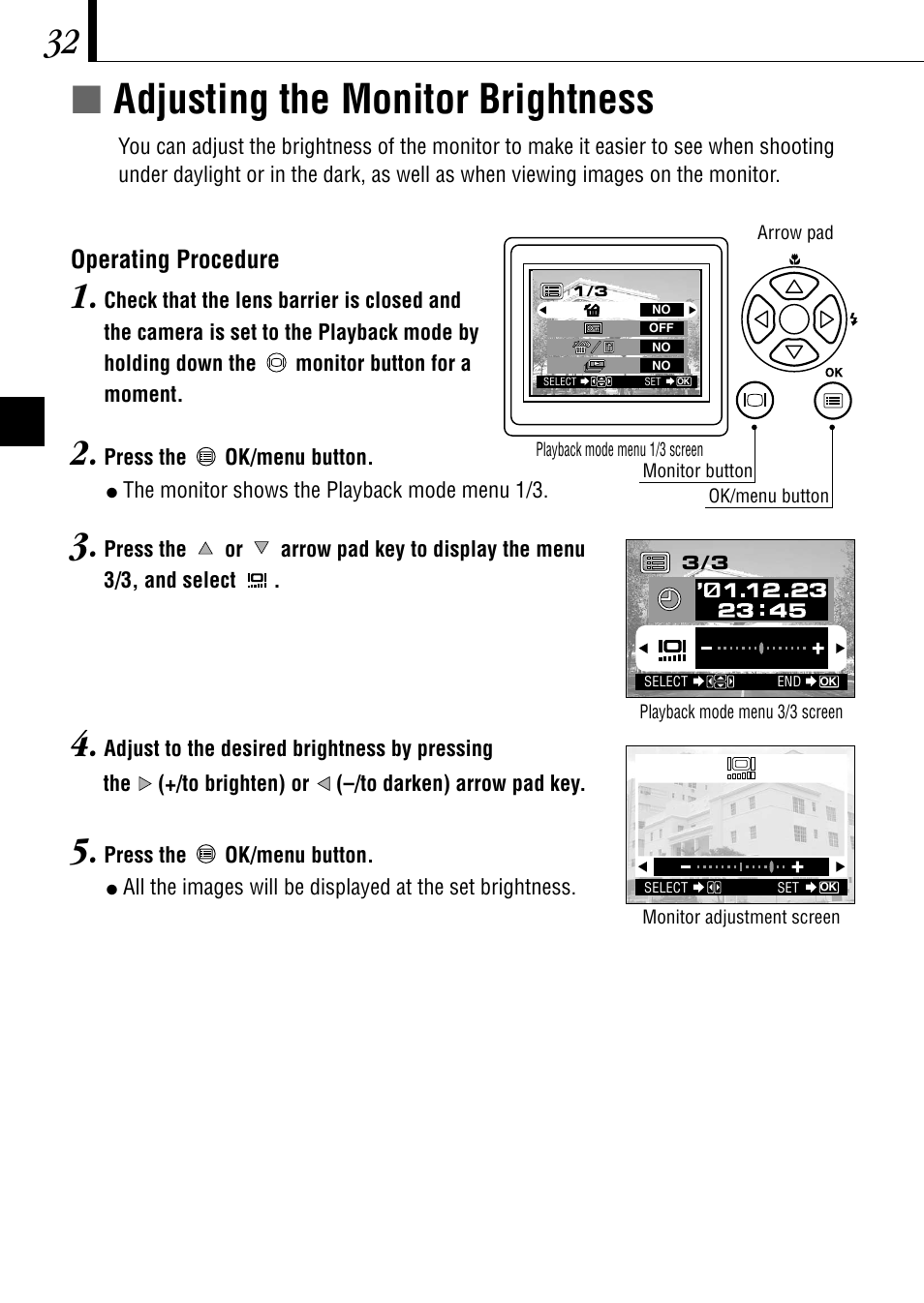 Íadjusting the monitor brightness, Operating procedure | Olympus C-1 D-150 User Manual | Page 32 / 146