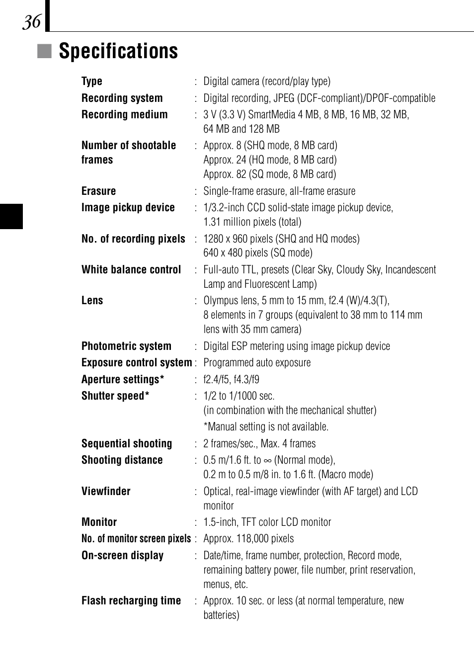 Íspecifications | Olympus C-1 D-150 User Manual | Page 36 / 146