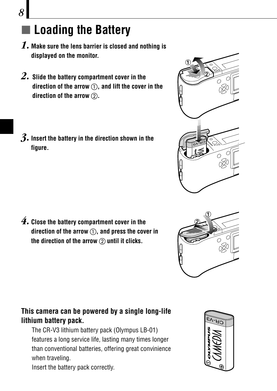 Íloading the battery | Olympus C-1 D-150 User Manual | Page 8 / 146