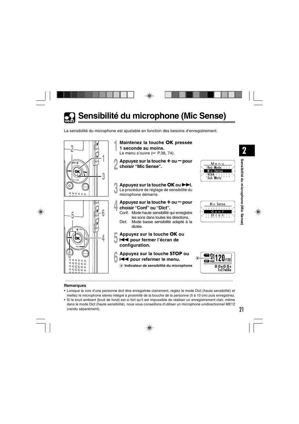 Sensibilité du microphone (mic sense) | Olympus WS-300M User Manual | Page 109 / 264